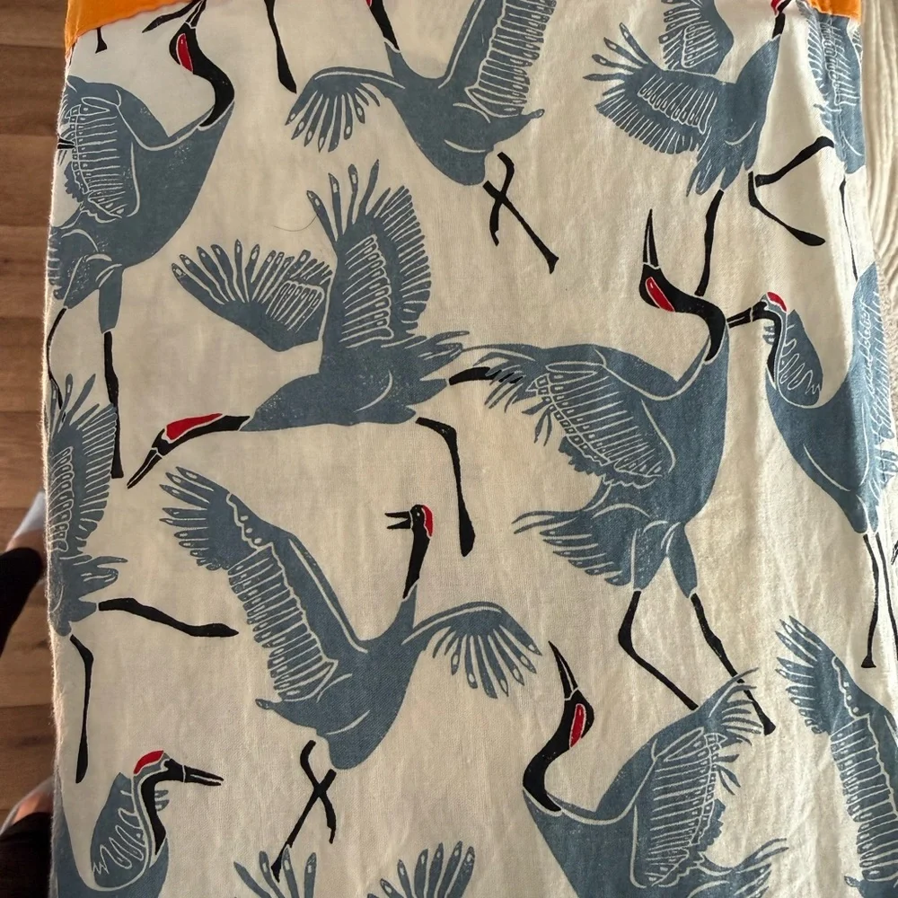 Blue Origami Crane Pattern Shower Curtain with Orange Top Panel
